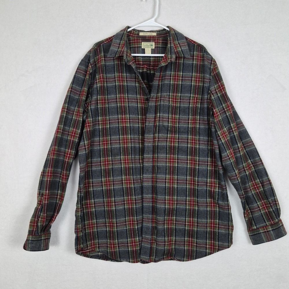LL Bean Mens XL Tall Slightly Fitted Flannel Shirt Plaid Grey Red Cotton 298168